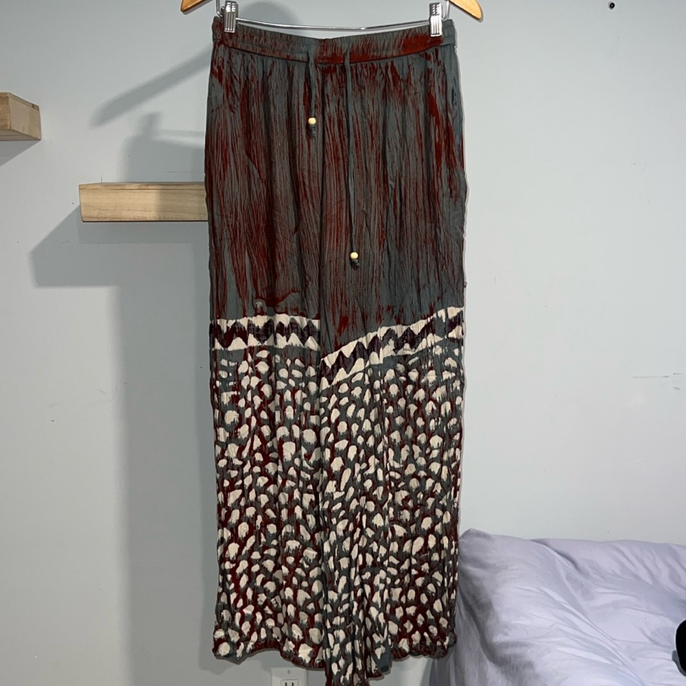 Advanced apparel, blue and red wide leg pants